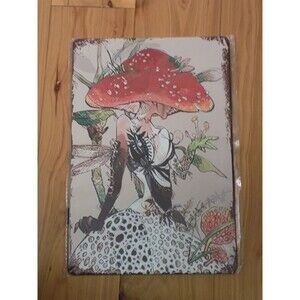 Metal Tin Decorative Art Sign Wall Hanging Decor Elegant Lady Mushroom Chic